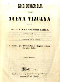 Memoria sobre Nueva Vizcaya, de F. Gainza (Manila, 1849).