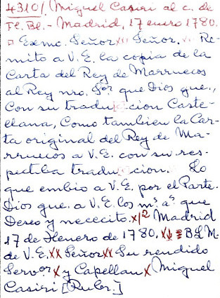 Dos extractos de cartas de Miguel Casiri al Conde de Floridablanca